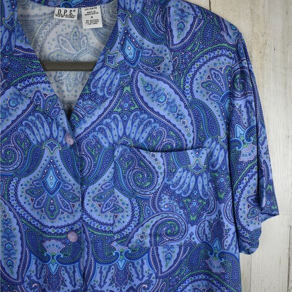 90's vintage blue paisley short sleeve button up blouse shirt top small medium - Picture 3 of 7